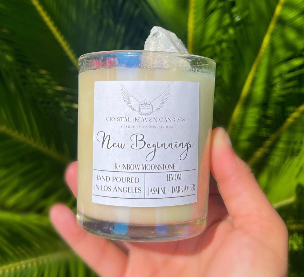 New Beginnings Rainbow Moonstone Crystal Candle
