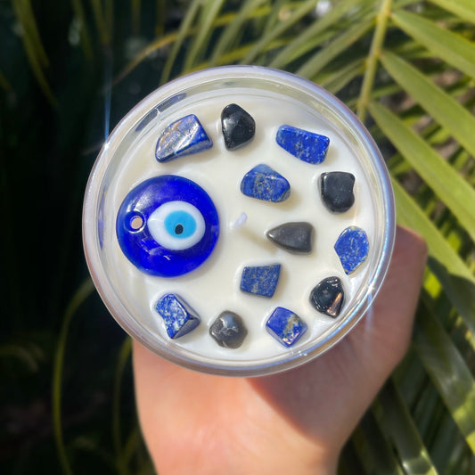 Evil Eye Lapis Lazuli & Black Obsidian Crystal Candle